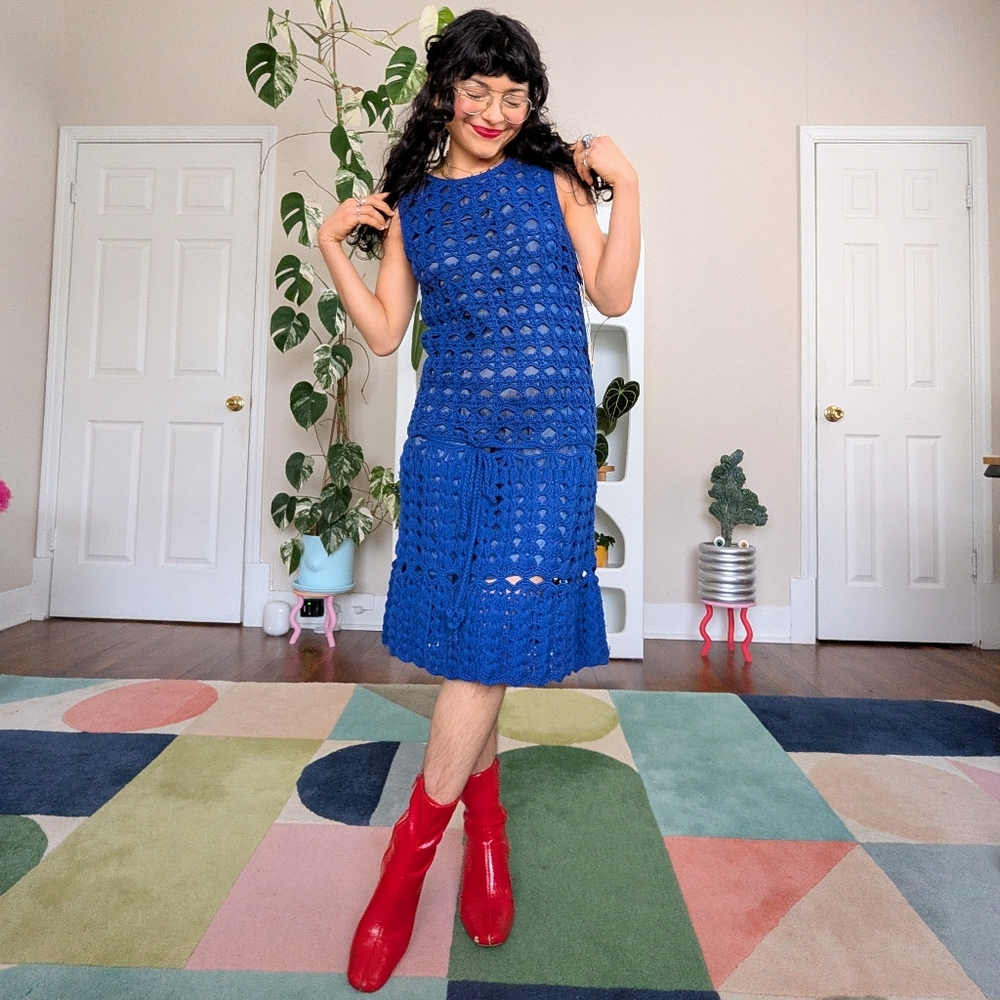 Ultra rare deadstock vintage cobalt blue wool knitted dress